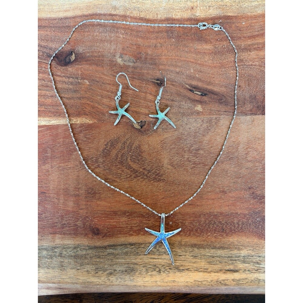 18K Plated Starfish Necklace & Earrings Set Blue Crystal Coastal Beach Jewelry